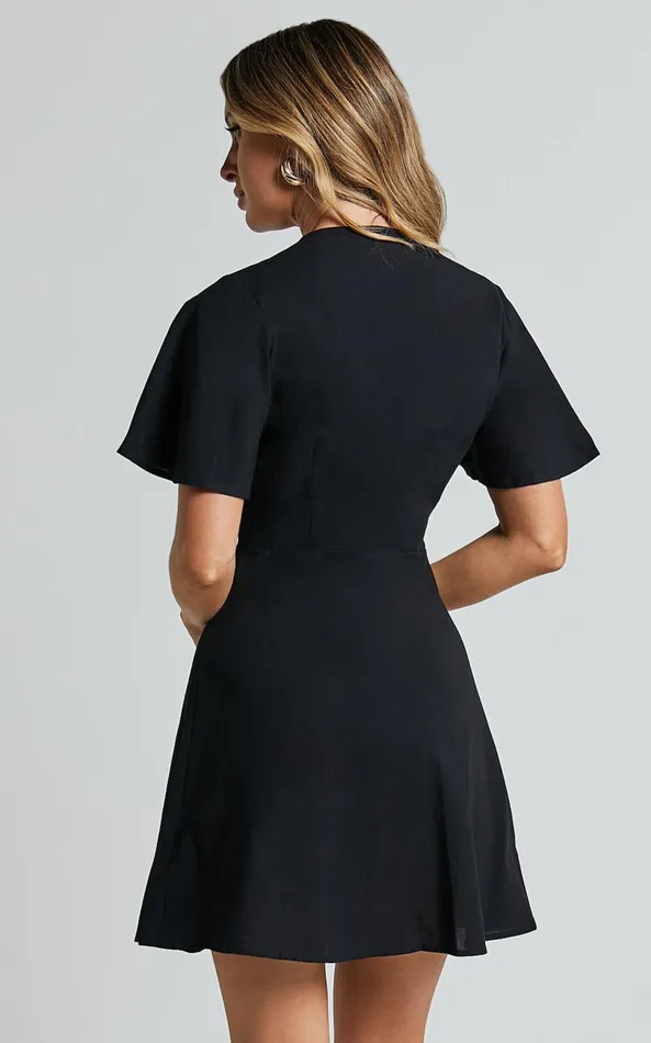 Showpo Sahar Mini Dress 8211 Flutter Sleeve Button Through Dress In Black Women Dresses