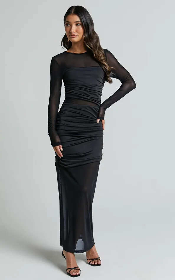 Showpo Sahara Midi Dress 8211 Long Sleeve Mesh Dress In Black Women Dresses