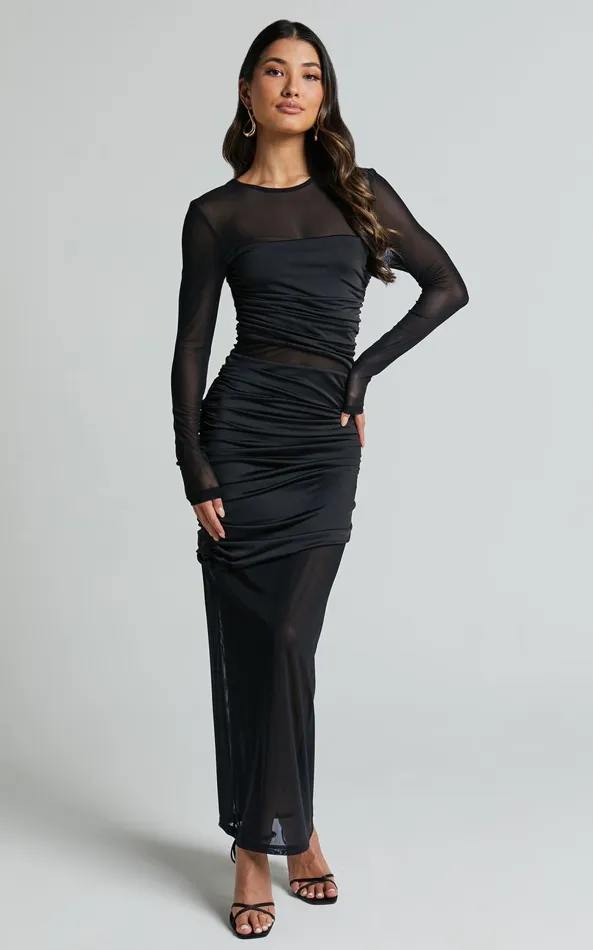 Showpo Sahara Midi Dress 8211 Long Sleeve Mesh Dress In Black Women Dresses