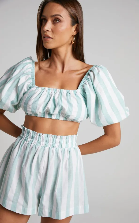Showpo Sahle Top 8211 Striped Puff Sleeve Crop Top In Mint Women Tops