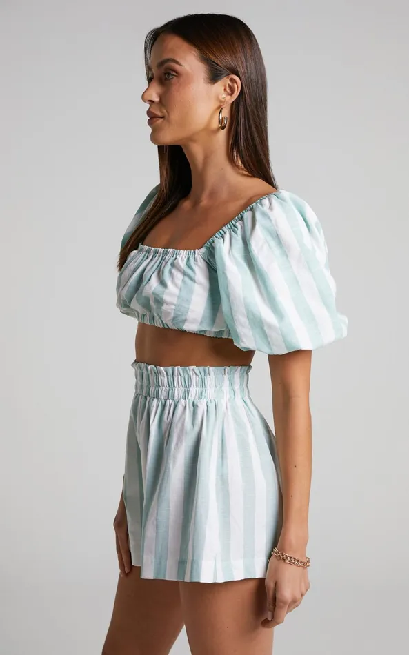 Showpo Sahle Top 8211 Striped Puff Sleeve Crop Top In Mint Women Tops