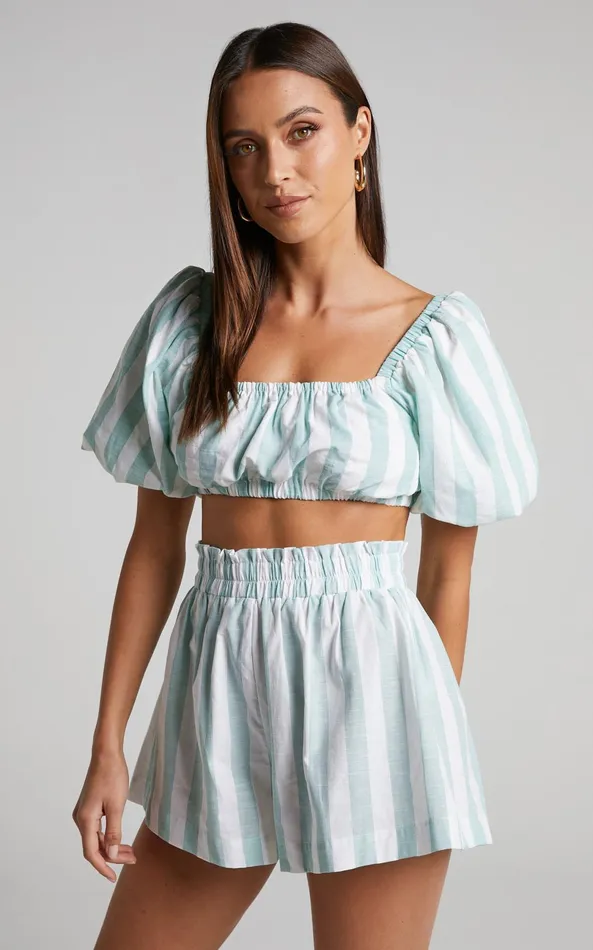 Showpo Sahle Top 8211 Striped Puff Sleeve Crop Top In Mint Women Tops