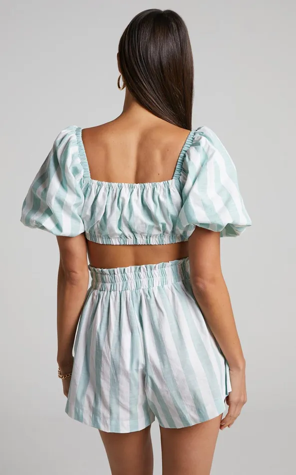 Showpo Sahle Top 8211 Striped Puff Sleeve Crop Top In Mint Women Tops