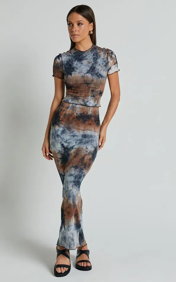 Showpo Salem Two Piece Set 8211 High Neck Short Sleeve Top And Midi Skirt Set In Blue Tie Dye Women Two Piece Sets and Coords Showpo Salem Two Piece Set 8211 High Neck Short Sleeve Top And Midi Skirt Set In Blue Tie Dye Women Two Piece Sets and Coords