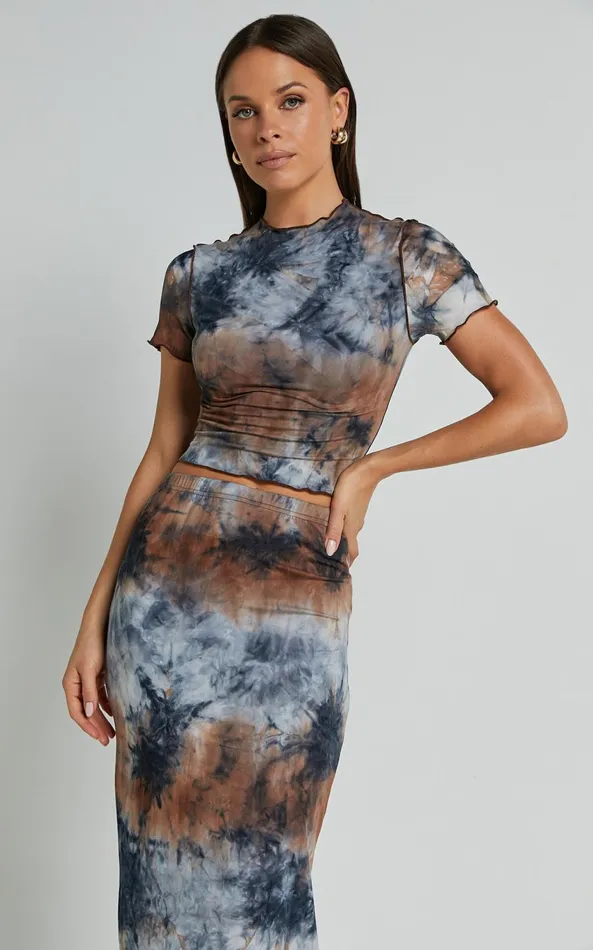 Showpo Salem Two Piece Set 8211 High Neck Short Sleeve Top And Midi Skirt Set In Blue Tie Dye Women Two Piece Sets and Coords