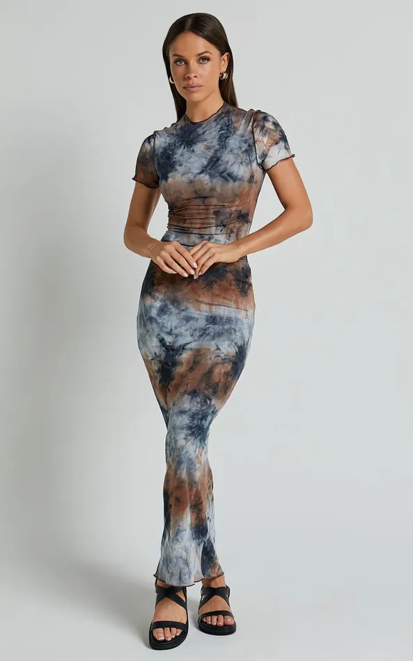 Showpo Salem Two Piece Set 8211 High Neck Short Sleeve Top And Midi Skirt Set In Blue Tie Dye Women Two Piece Sets and Coords