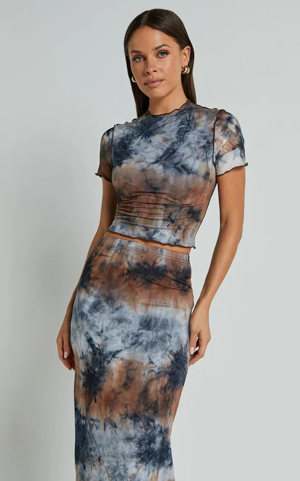 Showpo Salem Two Piece Set 8211 High Neck Short Sleeve Top And Midi Skirt Set In Blue Tie Dye Women Two Piece Sets and Coords