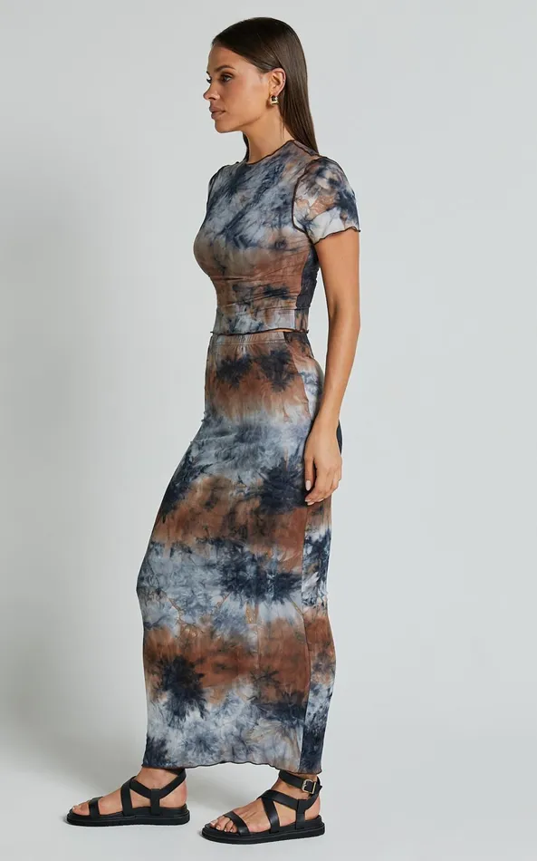 Showpo Salem Two Piece Set 8211 High Neck Short Sleeve Top And Midi Skirt Set In Blue Tie Dye Women Two Piece Sets and Coords