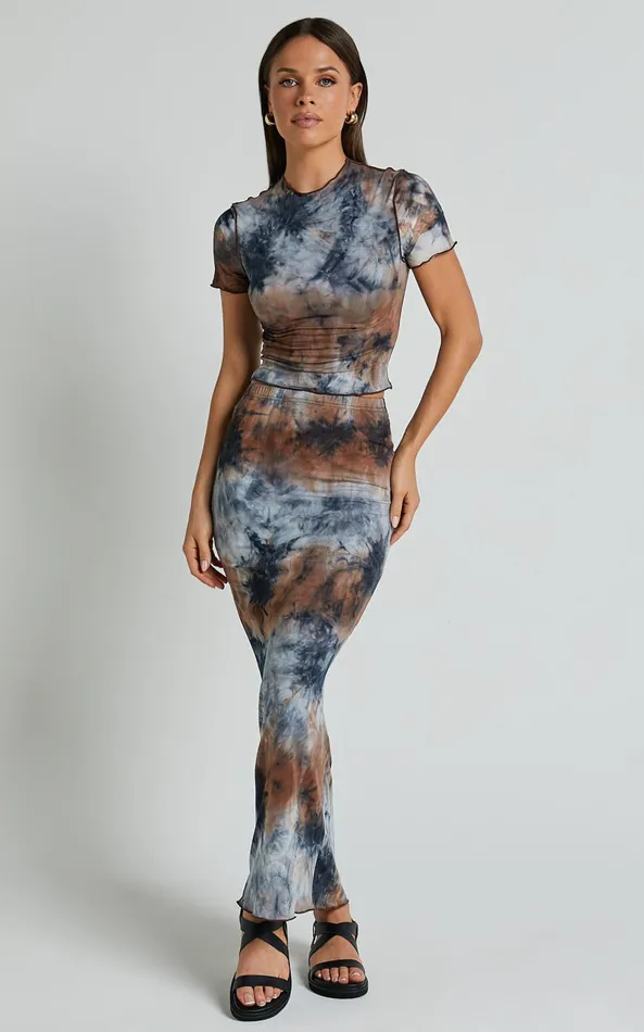 Showpo Salem Two Piece Set 8211 High Neck Short Sleeve Top And Midi Skirt Set In Blue Tie Dye Women Two Piece Sets and Coords