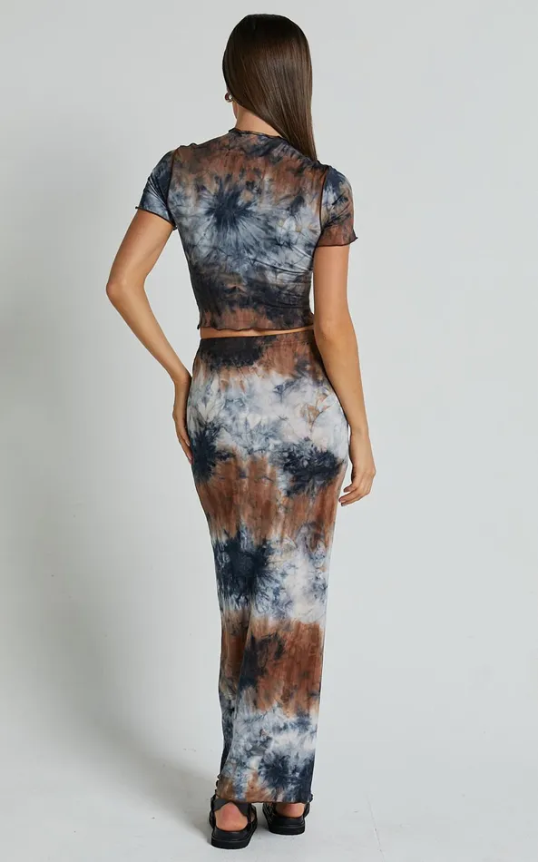 Showpo Salem Two Piece Set 8211 High Neck Short Sleeve Top And Midi Skirt Set In Blue Tie Dye Women Two Piece Sets and Coords