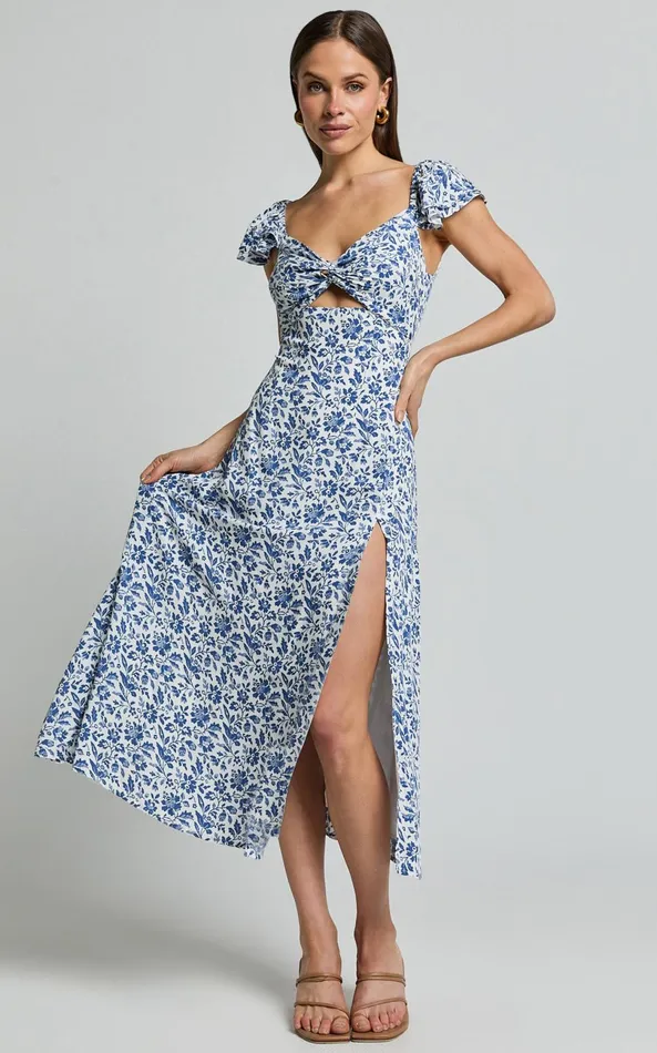 Showpo Sally Midi Dress 8211 Flutter Sleeve Cut Out Thigh Split Dress In Blue Floral Women Dresses Showpo Sally Midi Dress 8211 Flutter Sleeve Cut Out Thigh Split Dress In Blue Floral Women Dresses