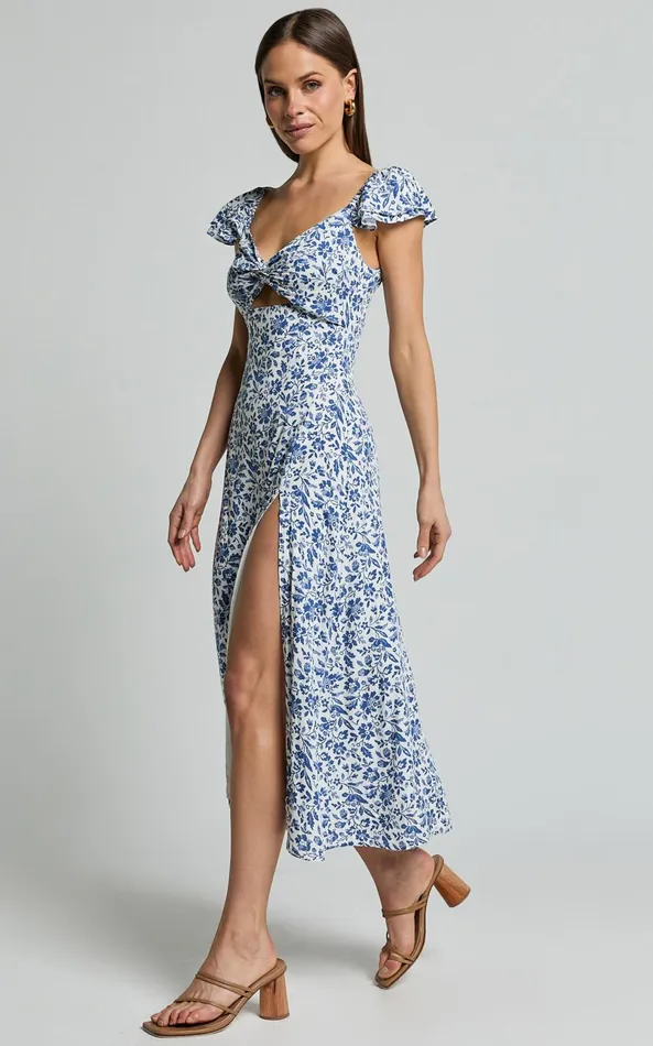 Showpo Sally Midi Dress 8211 Flutter Sleeve Cut Out Thigh Split Dress In Blue Floral Women Dresses