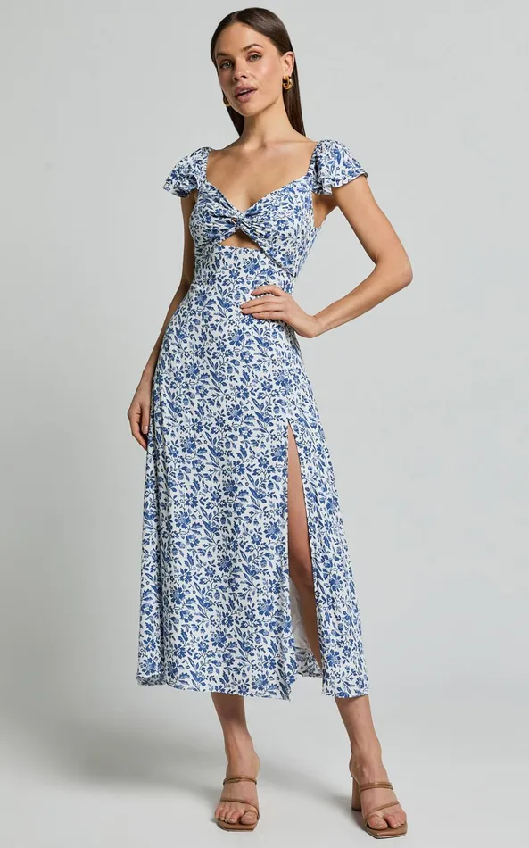 Showpo Sally Midi Dress 8211 Flutter Sleeve Cut Out Thigh Split Dress In Blue Floral Women Dresses