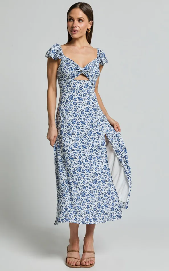 Showpo Sally Midi Dress 8211 Flutter Sleeve Cut Out Thigh Split Dress In Blue Floral Women Dresses