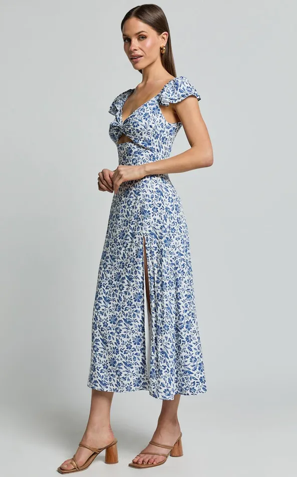 Showpo Sally Midi Dress 8211 Flutter Sleeve Cut Out Thigh Split Dress In Blue Floral Women Dresses