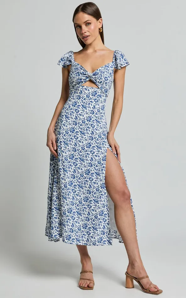 Showpo Sally Midi Dress 8211 Flutter Sleeve Cut Out Thigh Split Dress In Blue Floral Women Dresses