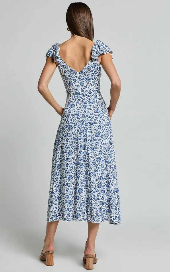 Showpo Sally Midi Dress 8211 Flutter Sleeve Cut Out Thigh Split Dress In Blue Floral Women Dresses