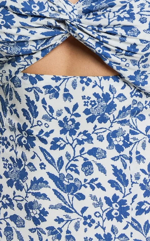 Showpo Sally Midi Dress 8211 Flutter Sleeve Cut Out Thigh Split Dress In Blue Floral Women Dresses