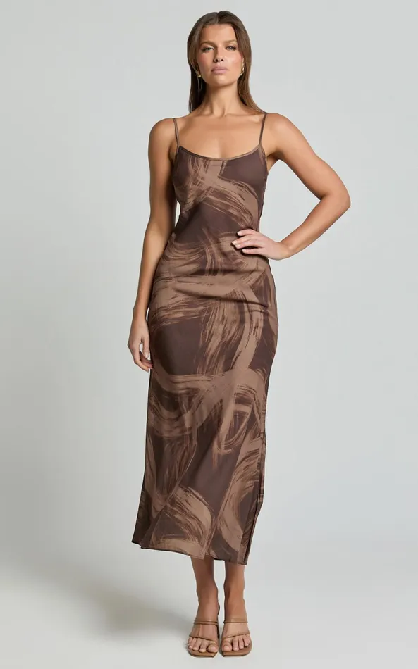 Showpo Sally Midi Dress 8211 Strappy Slip Dress In Hazel Swirl Print Women Dresses