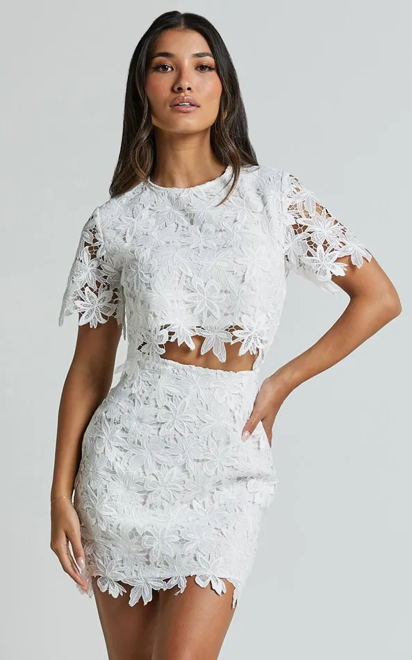 Showpo Salvi Two Piece Set 8211 Short Sleeve Top And Mini Skirt Lace Set In Off White Women Two Piece Sets and Coords Showpo Salvi Two Piece Set 8211 Short Sleeve Top And Mini Skirt Lace Set In Off White Women Two Piece Sets and Coords