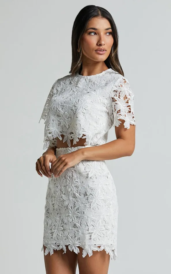Showpo Salvi Two Piece Set 8211 Short Sleeve Top And Mini Skirt Lace Set In Off White Women Two Piece Sets and Coords