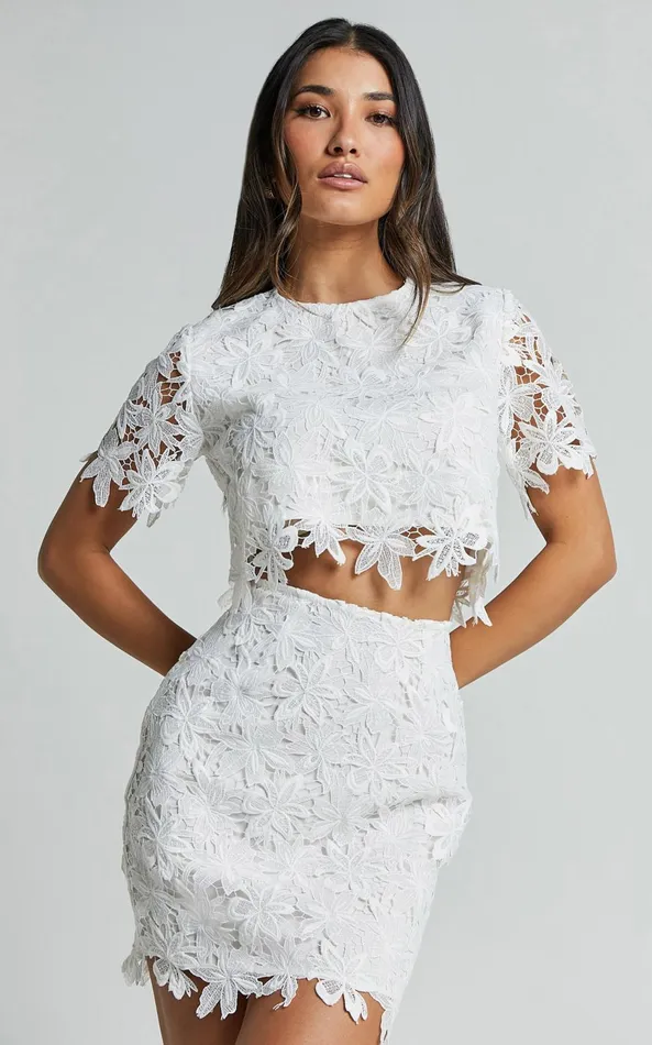 Showpo Salvi Two Piece Set 8211 Short Sleeve Top And Mini Skirt Lace Set In Off White Women Two Piece Sets and Coords