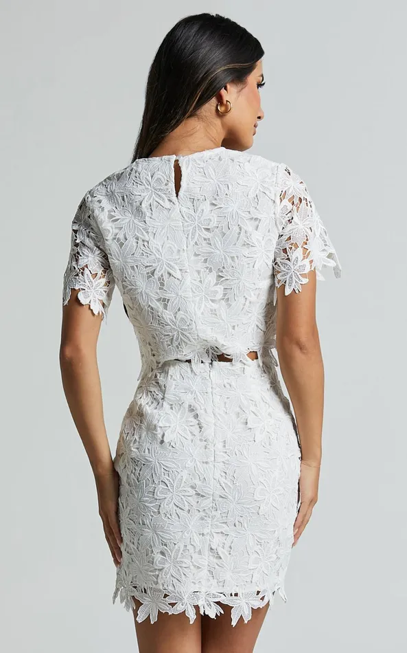 Showpo Salvi Two Piece Set 8211 Short Sleeve Top And Mini Skirt Lace Set In Off White Women Two Piece Sets and Coords