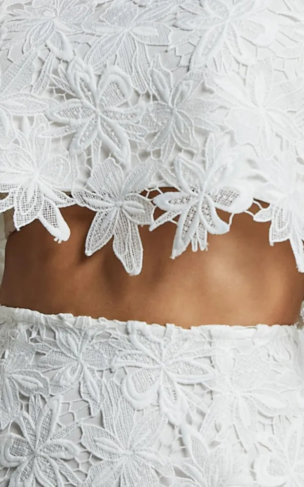 Showpo Salvi Two Piece Set 8211 Short Sleeve Top And Mini Skirt Lace Set In Off White Women Two Piece Sets and Coords