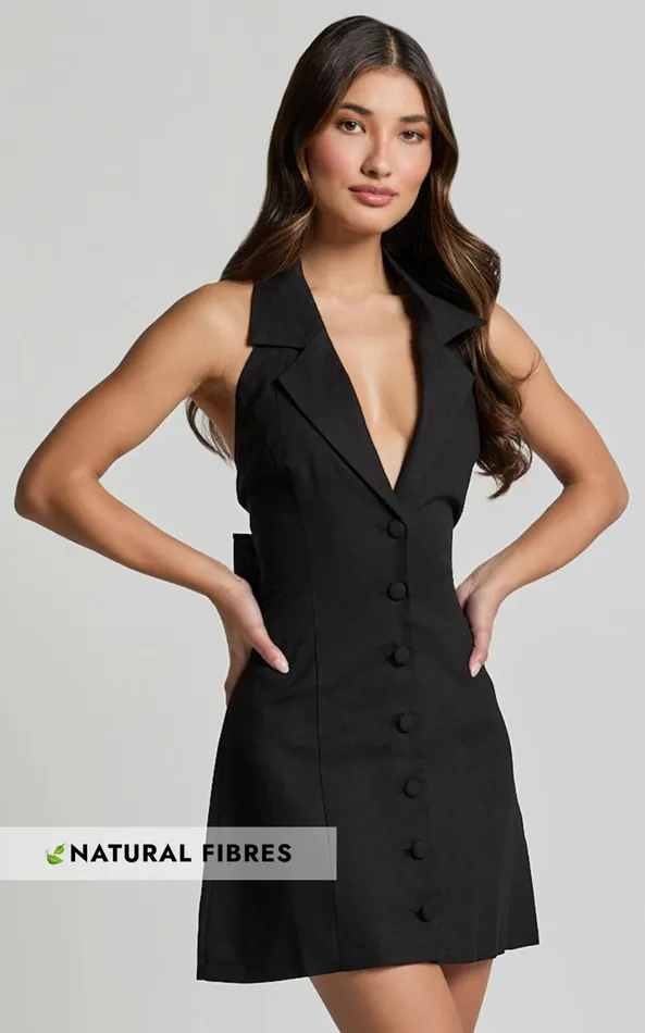Showpo Sammie Mini Dress 8211 Backless Halter Neck Linen Look Dress In Black Women Dresses Showpo Sammie Mini Dress 8211 Backless Halter Neck Linen Look Dress In Black Women Dresses