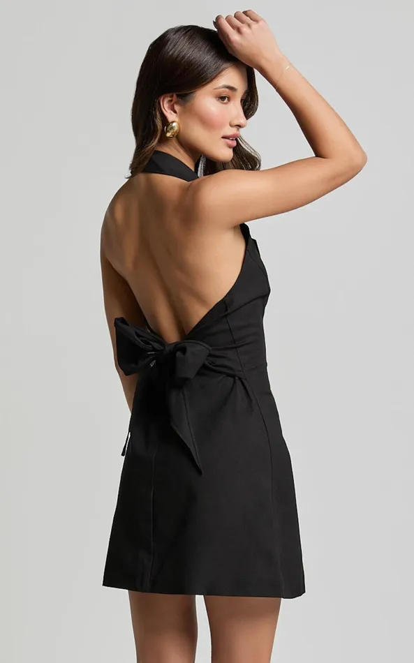 Showpo Sammie Mini Dress 8211 Backless Halter Neck Linen Look Dress In Black Women Dresses