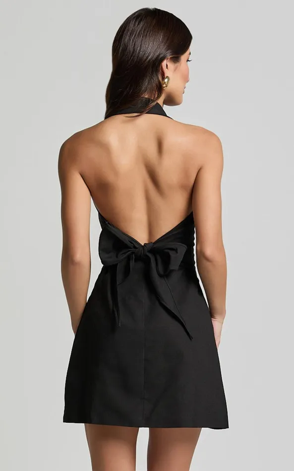 Showpo Sammie Mini Dress 8211 Backless Halter Neck Linen Look Dress In Black Women Dresses