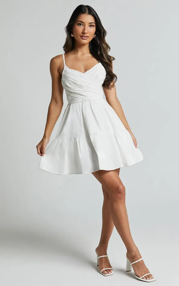 Showpo Sandra Midi Dress 8211 Draped Crossover Bodice Tiered Dress In Ivory Women Dresses