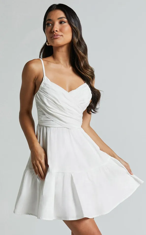 Showpo Sandra Midi Dress 8211 Draped Crossover Bodice Tiered Dress In Ivory Women Dresses