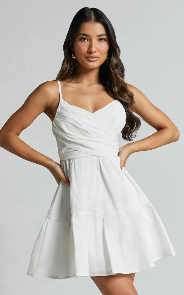 Showpo Sandra Midi Dress 8211 Draped Crossover Bodice Tiered Dress In Ivory Women Dresses