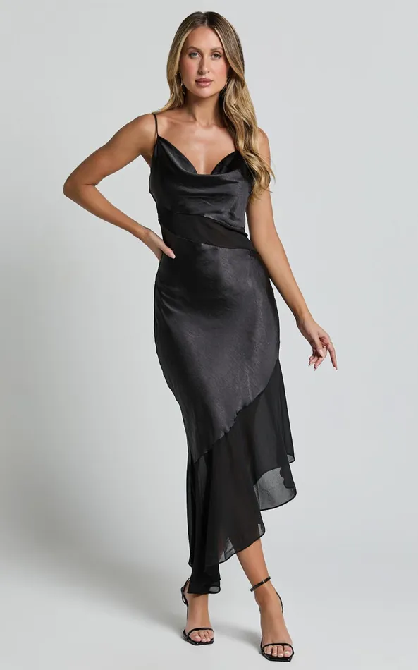 Showpo Sansa Midi Dress 8211 Satin Cowl Neck Contrast Hem Asymmetrical Dress In Black Women Dresses Showpo Sansa Midi Dress 8211 Satin Cowl Neck Contrast Hem Asymmetrical Dress In Black Women Dresses