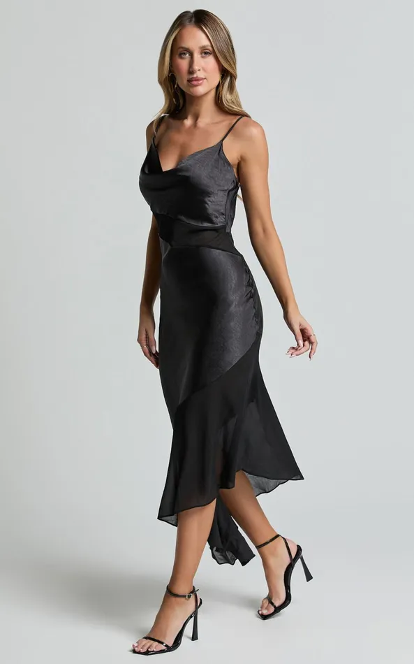 Showpo Sansa Midi Dress 8211 Satin Cowl Neck Contrast Hem Asymmetrical Dress In Black Women Dresses