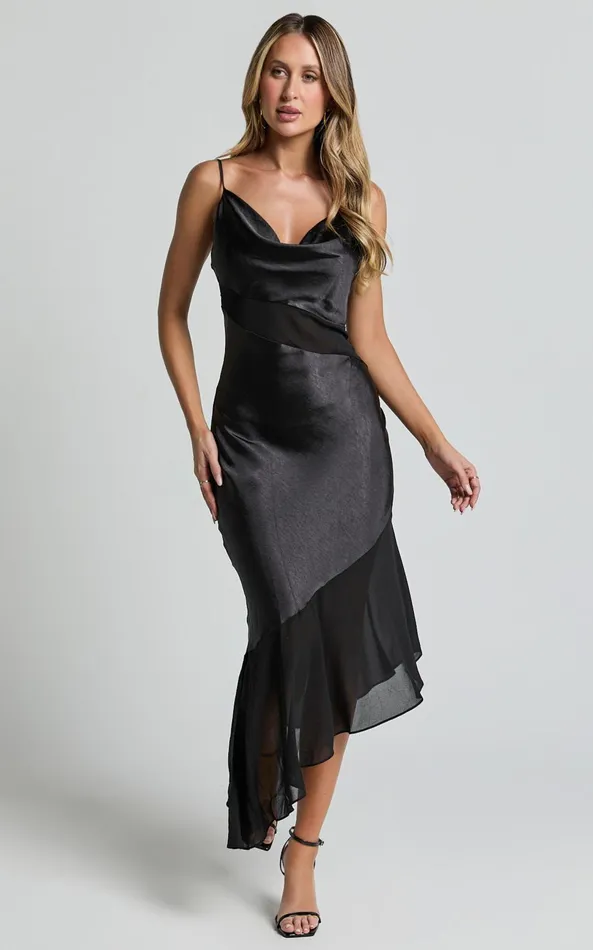 Showpo Sansa Midi Dress 8211 Satin Cowl Neck Contrast Hem Asymmetrical Dress In Black Women Dresses