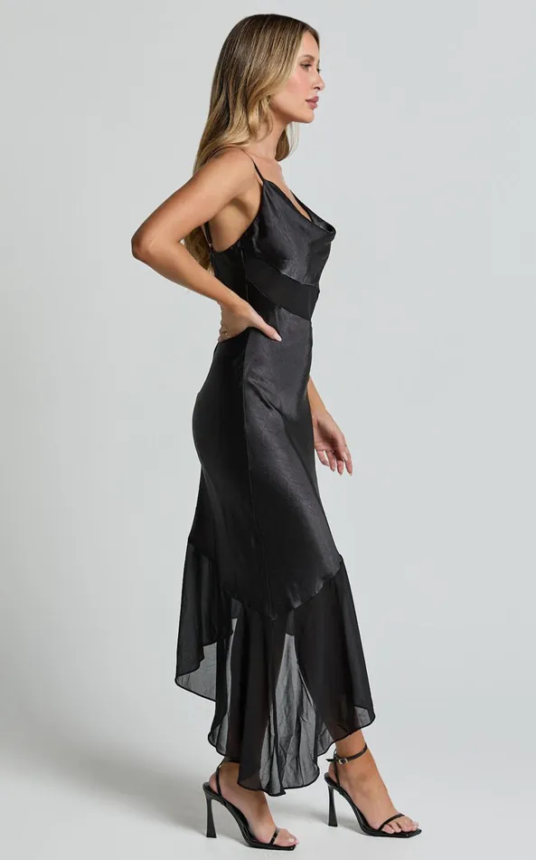 Showpo Sansa Midi Dress 8211 Satin Cowl Neck Contrast Hem Asymmetrical Dress In Black Women Dresses