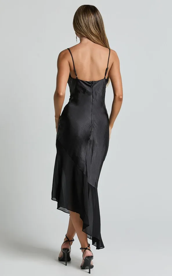 Showpo Sansa Midi Dress 8211 Satin Cowl Neck Contrast Hem Asymmetrical Dress In Black Women Dresses