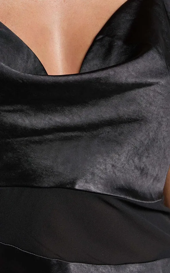 Showpo Sansa Midi Dress 8211 Satin Cowl Neck Contrast Hem Asymmetrical Dress In Black Women Dresses
