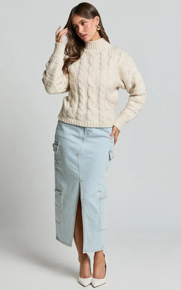 Showpo Santi Jumper 8211 Oversized Recycled Knitted High Neck Jumper In Beige Marl Women Knitwear
