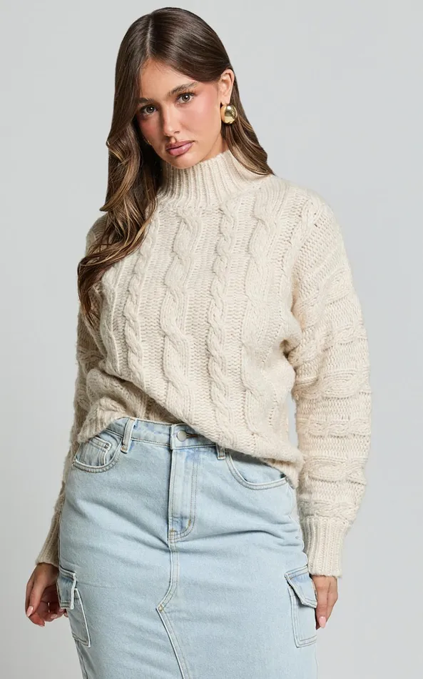 Showpo Santi Jumper 8211 Oversized Recycled Knitted High Neck Jumper In Beige Marl Women Knitwear