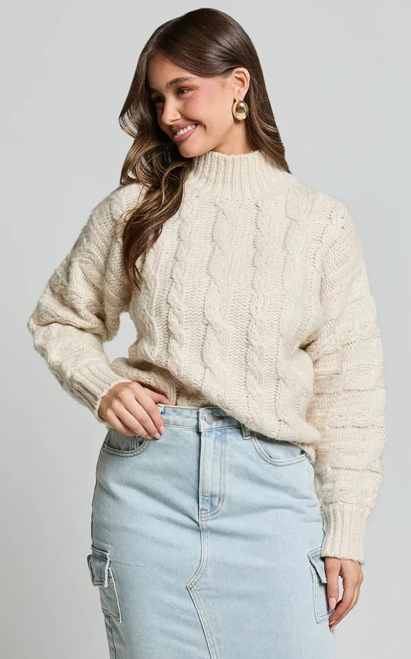 Showpo Santi Jumper 8211 Oversized Recycled Knitted High Neck Jumper In Beige Marl Women Knitwear