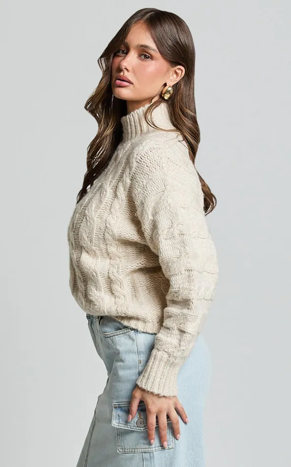Showpo Santi Jumper 8211 Oversized Recycled Knitted High Neck Jumper In Beige Marl Women Knitwear