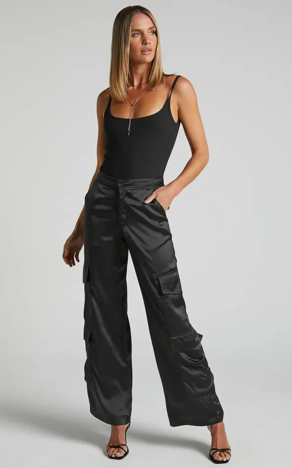 Showpo Saori Pants 8211 Mid Rise Satin Cargo Pants In Black Women Curve Clothes Showpo Saori Pants 8211 Mid Rise Satin Cargo Pants In Black Women Curve Clothes