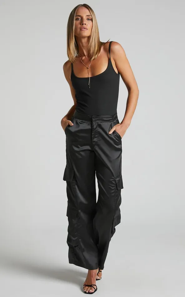 Showpo Saori Pants 8211 Mid Rise Satin Cargo Pants In Black Women Curve Clothes Showpo Saori Pants 8211 Mid Rise Satin Cargo Pants In Black Women Curve Clothes