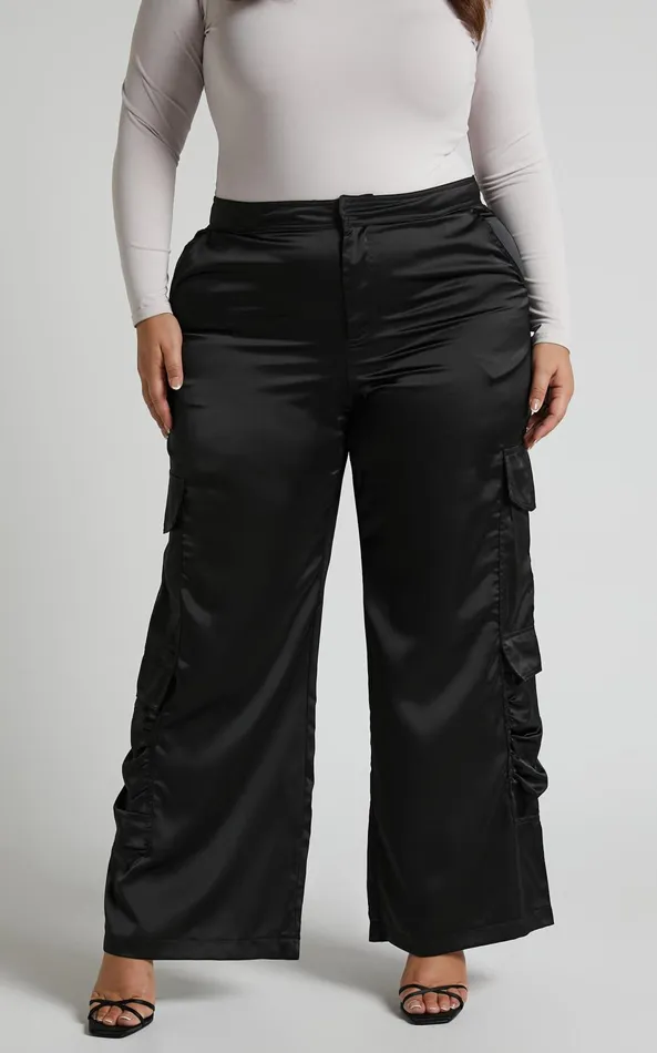 Showpo Saori Pants 8211 Mid Rise Satin Cargo Pants In Black Women Curve Clothes Showpo Saori Pants 8211 Mid Rise Satin Cargo Pants In Black Women Curve Clothes