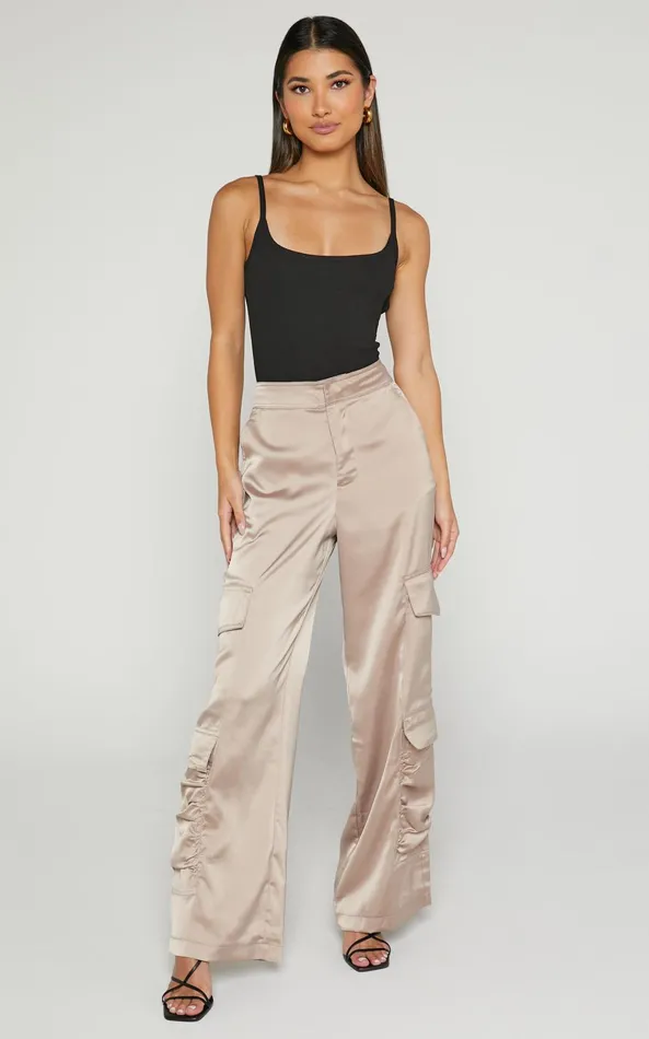 Showpo Saori Pants 8211 Mid Rise Satin Cargo Pants In Mushroom Women Curve Clothes Showpo Saori Pants 8211 Mid Rise Satin Cargo Pants In Mushroom Women Curve Clothes