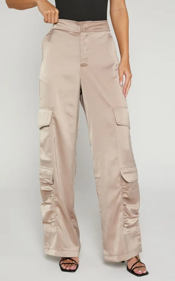 Showpo Saori Pants 8211 Mid Rise Satin Cargo Pants In Mushroom Women Curve Clothes