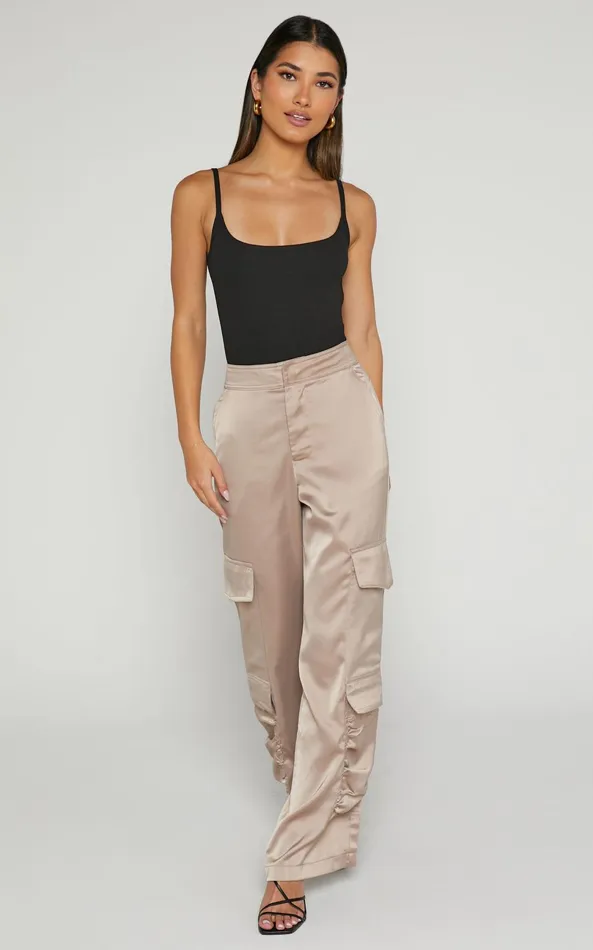 Showpo Saori Pants 8211 Mid Rise Satin Cargo Pants In Mushroom Women Curve Clothes
